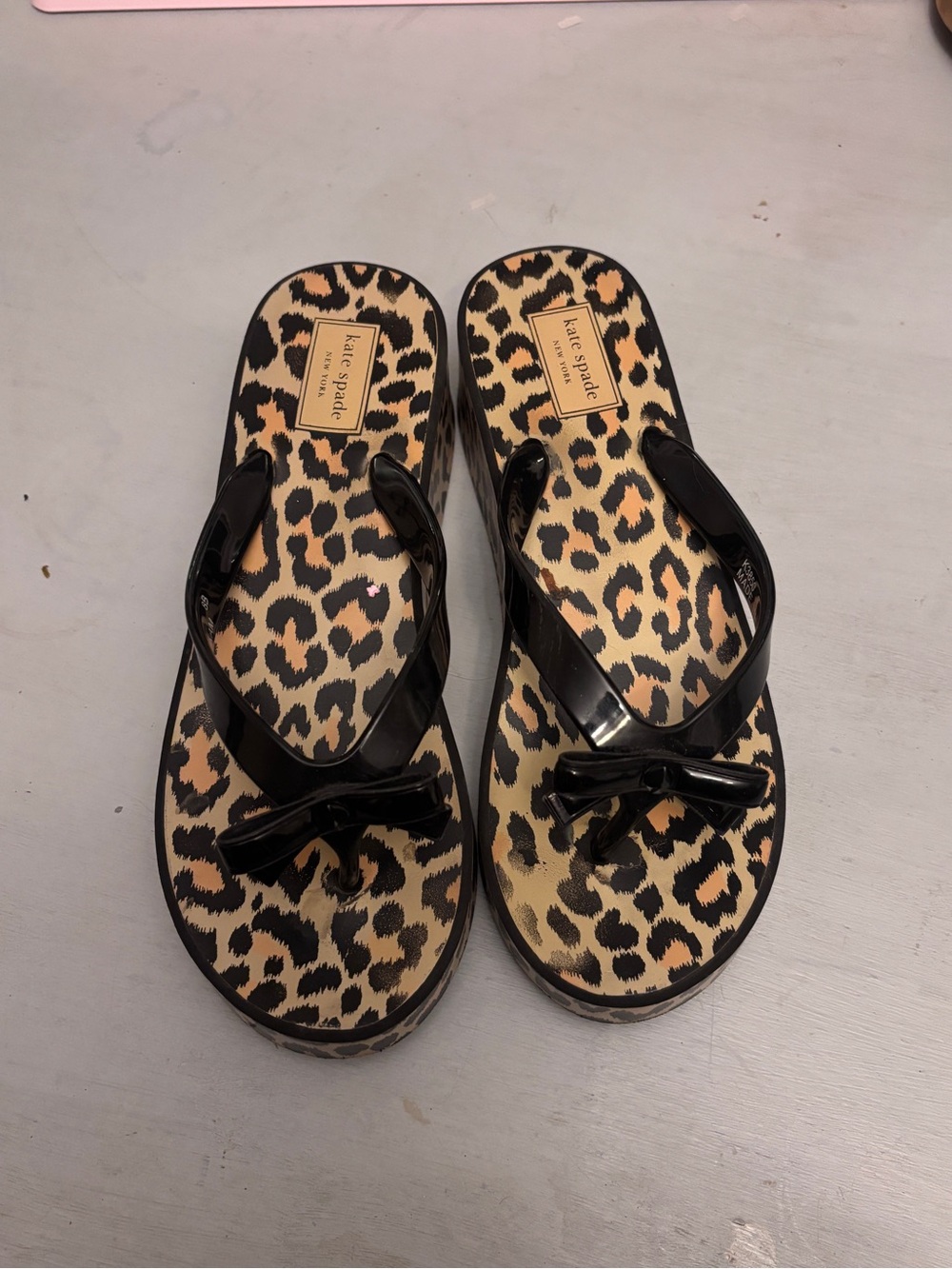 kate spade Black Glossy Bow Leopard-Print platform Sandals